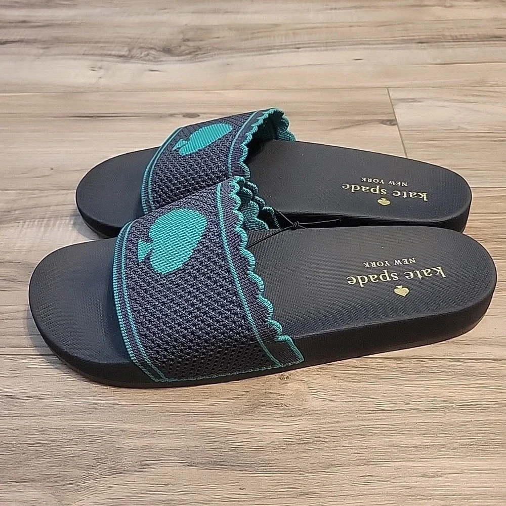 Kate Spade La Jolla Pool Slide Sandals Blue Green Spade Logo Open Toe 11B NEW‎